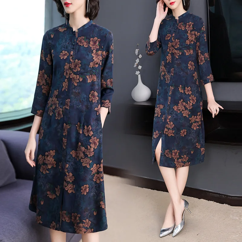 

2019 New Style Middle-aged Real Silk Dress Women's Vintage Floral Silk Mulberry Silk Middle-aged Women Dress Skirt