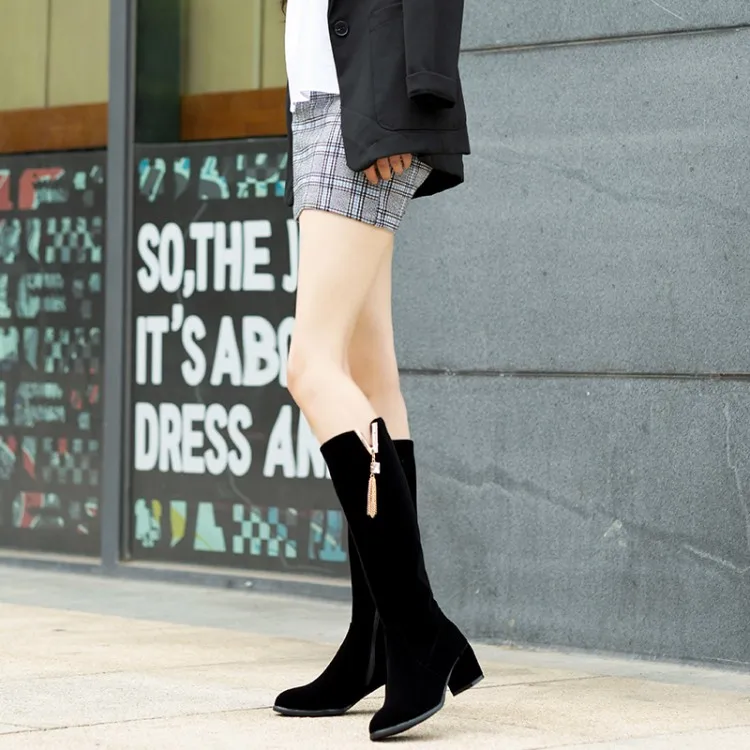 KALENMOS Knee High Boots Women Block Mid Heel Flock Long Boots Ladies Fashion Black Autumn Winter Shoes Daily Boots Size 33-46