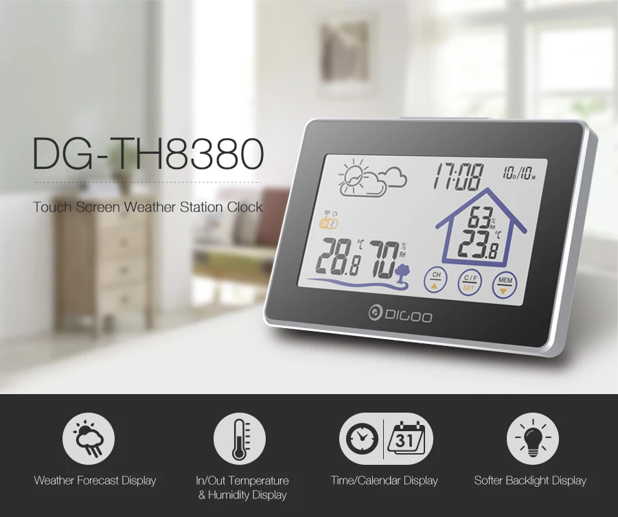 wireless weather forecast station dg-th8380 lcd touch screen back-light thermo supplier