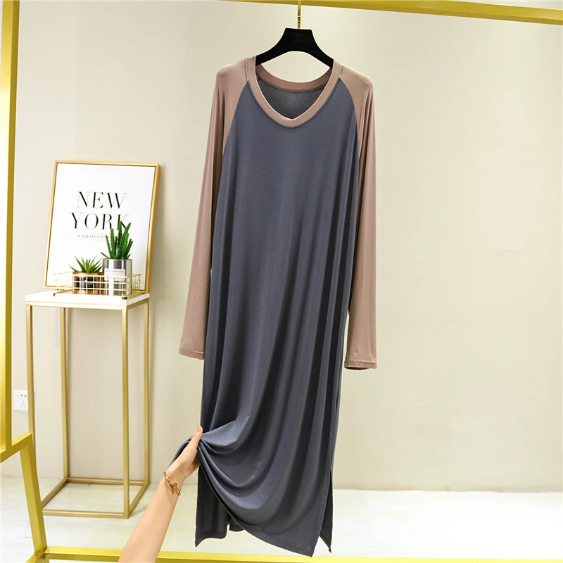 Spring Long Sleeve Nightgowns Women V-neck Modal Sleepshirts LeisurePatchwork Lounge Wear Breathable Simple Pregnant Nightwear