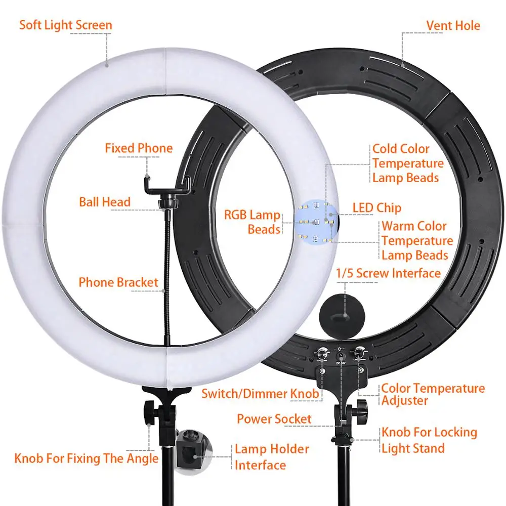Fosoto 18 дюймовый фотографический светильник RGB кольцевая лампа 3000-6000K светодиодный видео светильник с триподом пульт дистанционного управления для камеры телефона макияж Youtube