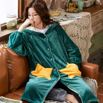 

Autumn Winter Flannel For Woman Nightgown Coral Fleece Hooded Buttons Ladies Home Wear 2020 Star Pocket Fashion Sleepwear Female