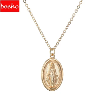 

Gold chain Medallion Virgin Mary pendant Necklace women men simple Necklace vintage carved Coin Figure Necklace Long Necklace