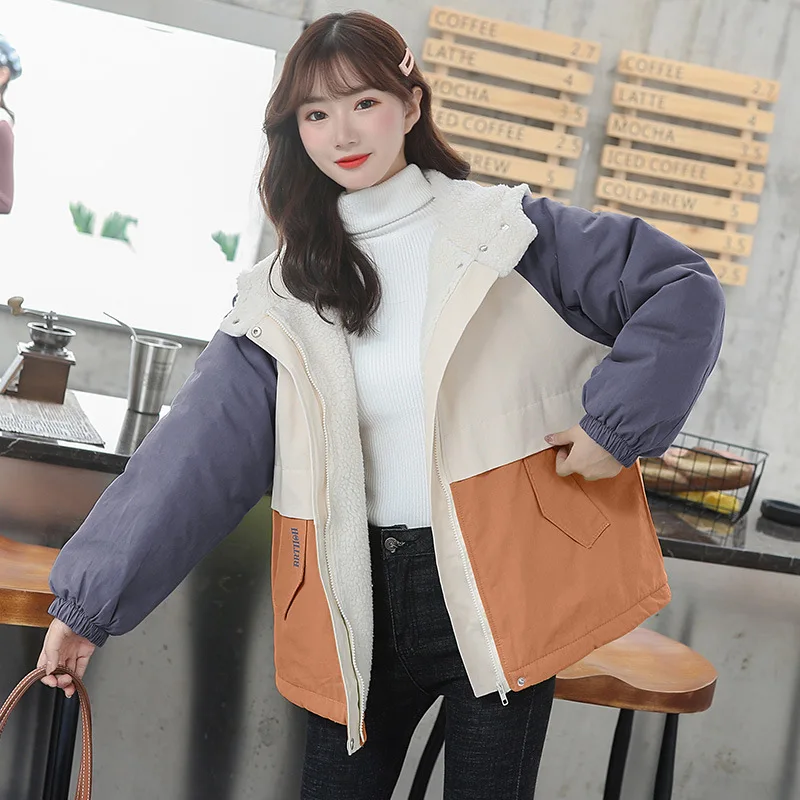 

Photo Shoot Winter New Style Korean-style Students Loose-Fit BF Contrast Color Harajuku-Style Lambs Wool Coat Thick plus Velvet