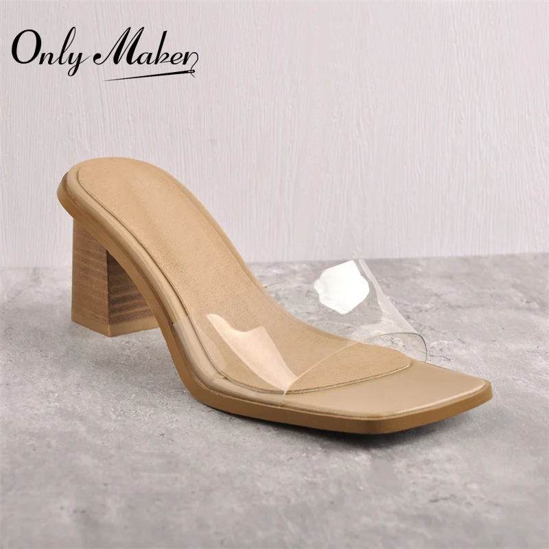 

Onlymaker Women's Slip-On Sandals PVC Band Chunky High Heels Square Toe Slippers For Summer Jelly Shoes Casual Fashion Party
