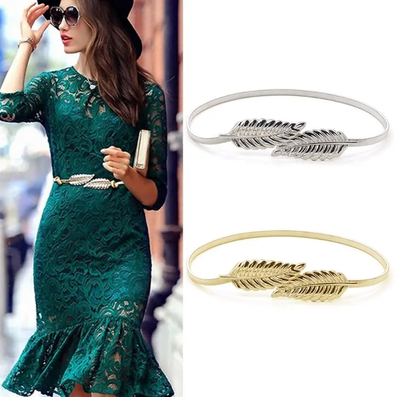 2Pcs/Set Women Girl Golden Silver Elastic Skinny Waist Belt Leaves Metallic Stretchy Evening Dress Wedding Chain Cummerbunds