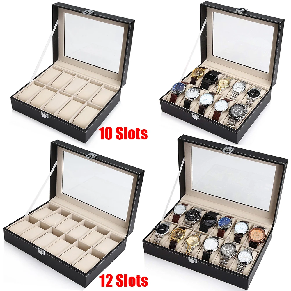 10 12 Slot Watch Box Storage Watch Box PU Leather Watches Display Case Jewelry Boxes Watches Organizer Glass Top Watch Holder