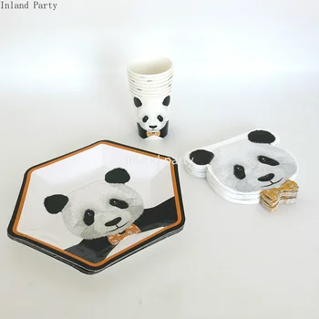 

8pcs Panda Paper Plate Disposable Tableware Set Disposable Paper Plate straw cup for Wedding Birthday Decoration Party Supplies