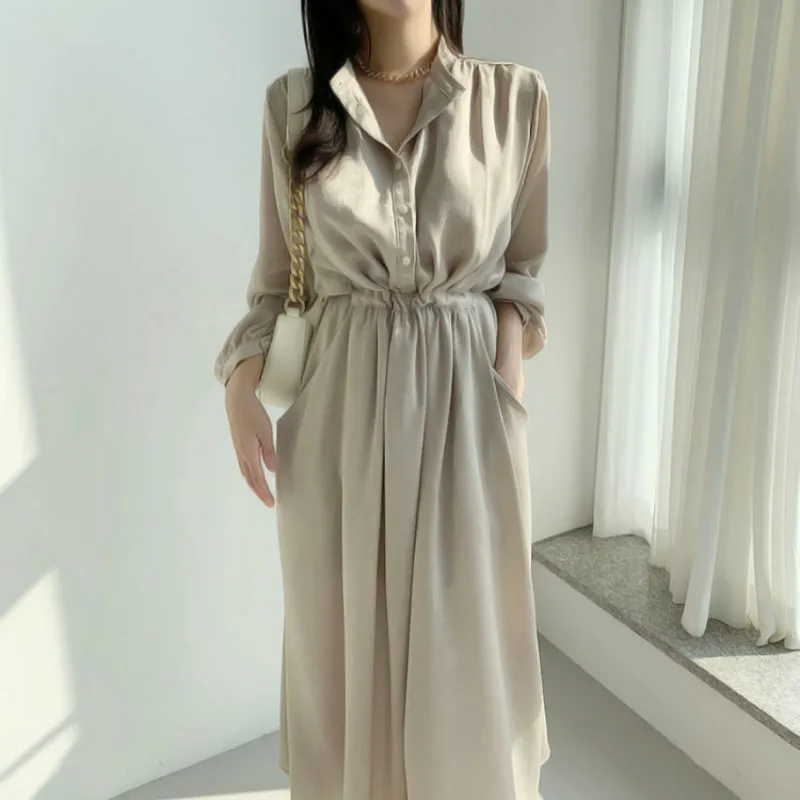 

Elegant Office-Lady Solid Dress Summer V-Neck Long Dresses for Women 2021 Casual Elastic Waist Sparkly Chic Fashion Streetwear