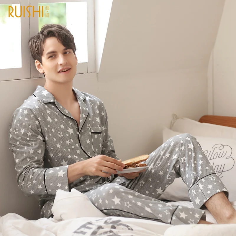 Couple New Pajamas Men 2020 Fashion Home Clothing Men And Women Cardigan Cotton Sleepwear Lapel Stars Print Sleepwear Pyjama Set