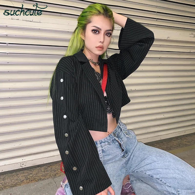 SUCHCUTE, полосатые блейзеры, металлические пальто, черные куртки, верхняя одежда, осень, зимняя женская уличная одежда, повседневный Блейзер, верхняя одежда, ветровка