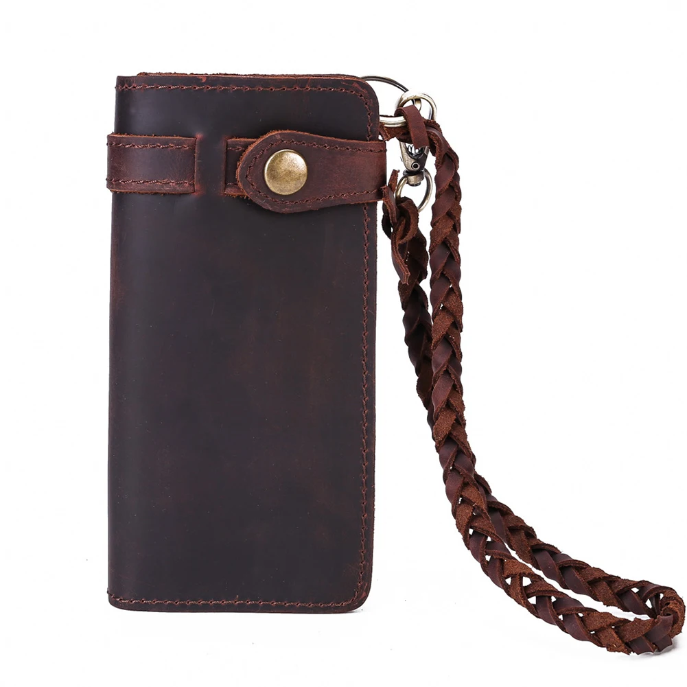 

Men Women Daily Wallet Covered Button Vintage Soft Card Holder Long Leather Portable Rectangle Billfold With Lanyard Casual