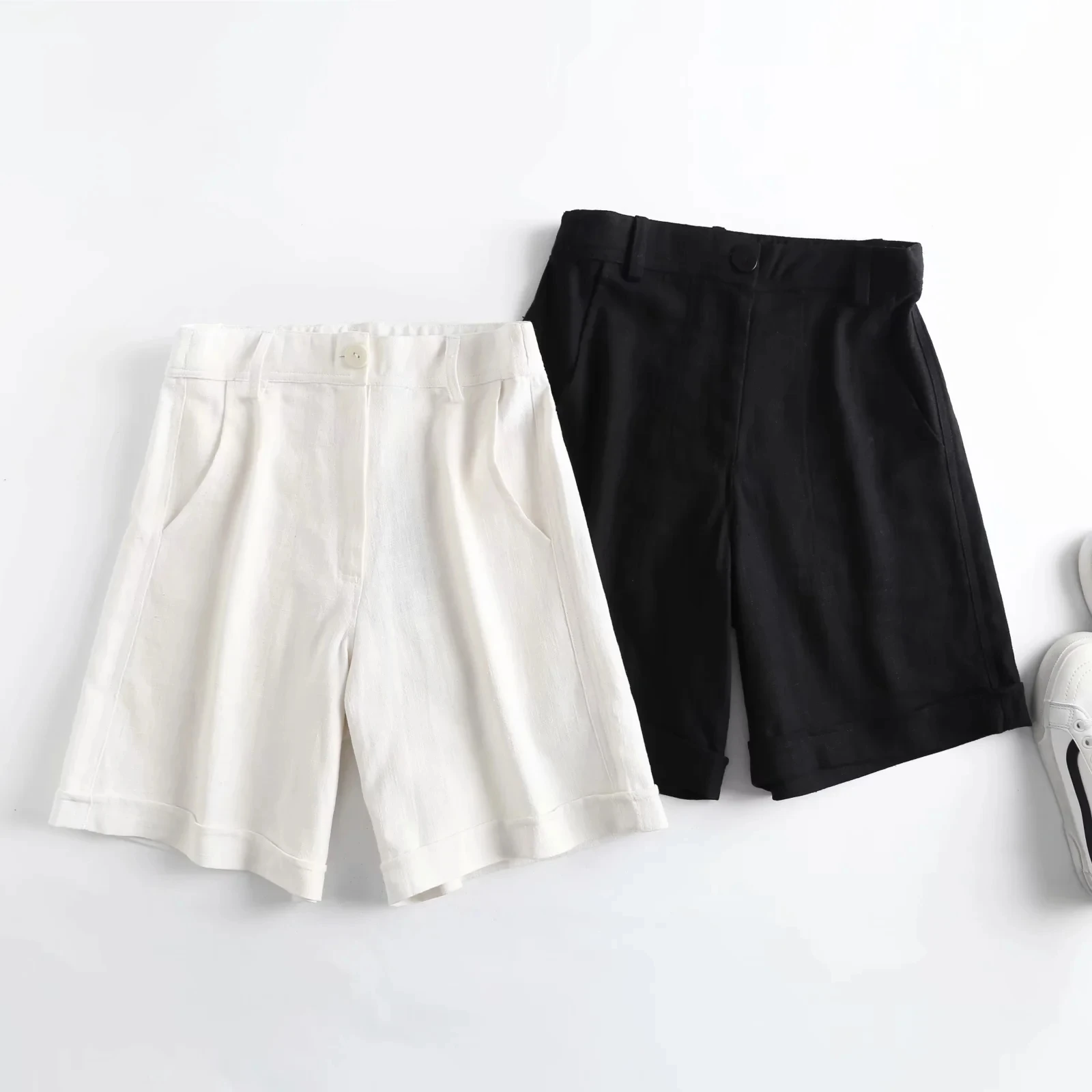 Dave&Di Enlgand Office Lady Fashion Simple Solid Linen Bermuda Loose Summer  Casual Short Feminino Bemuda Women Short