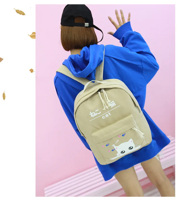 Fashion Cartoon Kitten backpack for ladies High quality canvas school bag for teen girls College 4pcs/set school backpacks