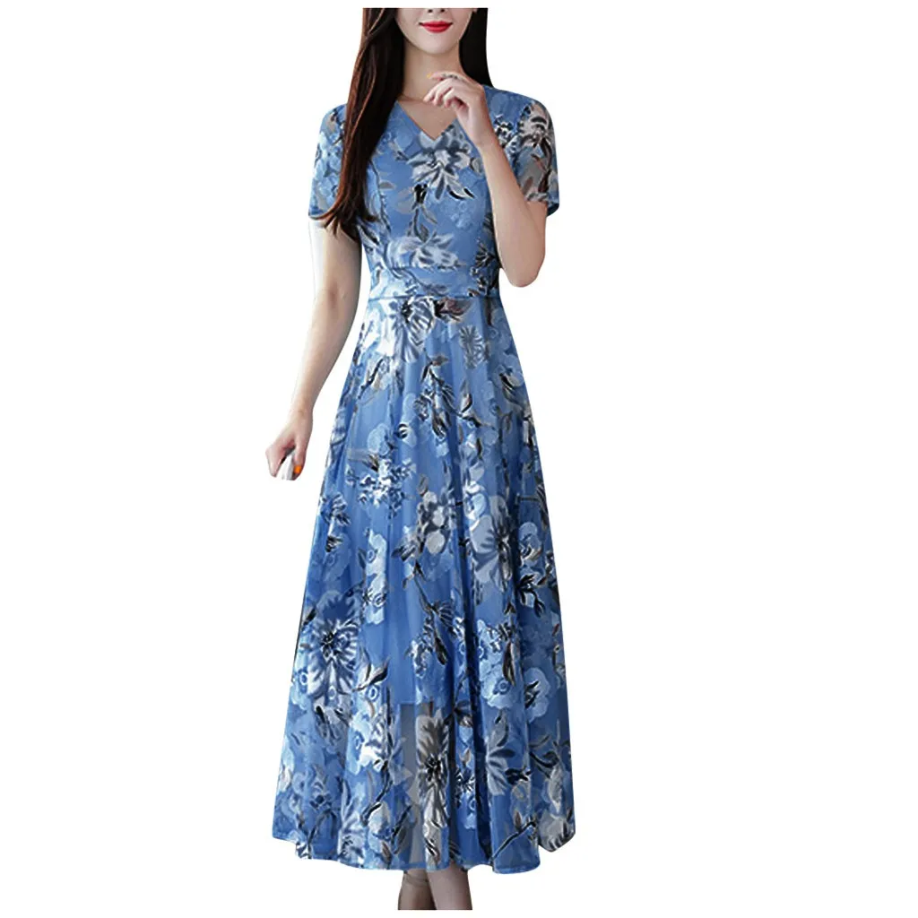 Платья размера плюс для женщин миди модное летнее платье с v-образным вырезом и коротким рукавом с принтом Длинные вечерние платья для офиса - Цвет: Blue