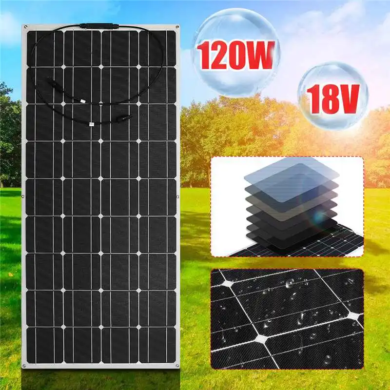 

18V Solar Panel 120W Waterproof Flexible Monocrystalline Solar Panel Battery Charger for Outdoor Camping Emergency Light