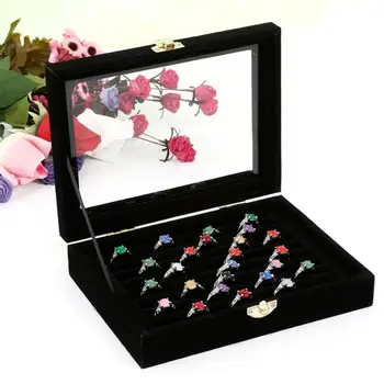 

jewelry organizer/Jewelry Display Box Velvet Rings Stud Earrings Jewelry Display Tray Storage Box with Glass Lid joyeros organiz