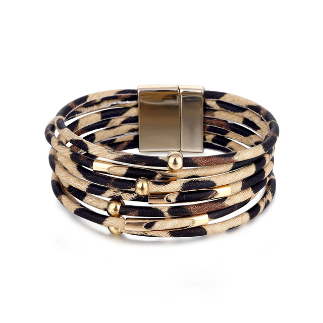 Fashion Leopard Snake Charm Leather Bracelets For Women Metal Button Leather Wide Bracelet Bangle Big Statement Jewelry Gifts