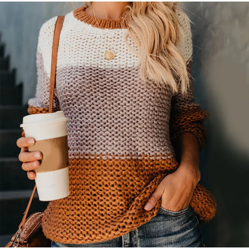 

Autumn Winter Warm Knitted Sweater Women Patchwork Women's Sweaters Pullovers Oversize Colorful Striped Knitting Female Clothes
