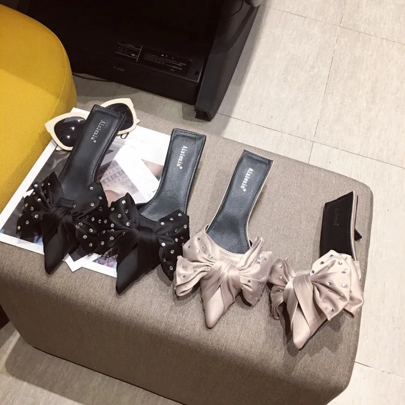 

Shoes Thin Heels Pointed Toe Luxury Slides Women's Slippers 2019 Butterfly-knot Med Low Socofy Designer New Soft Fashion Cotton