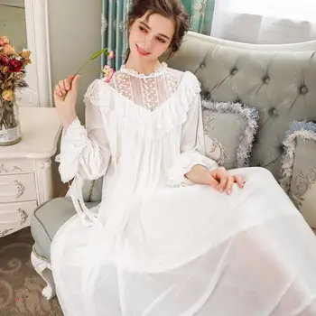 

2020 autumn new vintage princess long sleeve mesh patchwork women Nightgowns modal loose lace high quality sleep dress gx1190