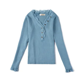 

HLBCBG Women Knit Lace Button Sweater Autumn Winter V Neck Pullover Sweaters Soft Female Jumper Robe Pull Jersey