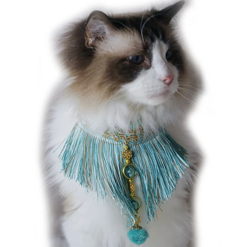 

Handmade DIY Peacock Blue Tassel Hairy Ball Pet Collar Cat Collar Dog Collar