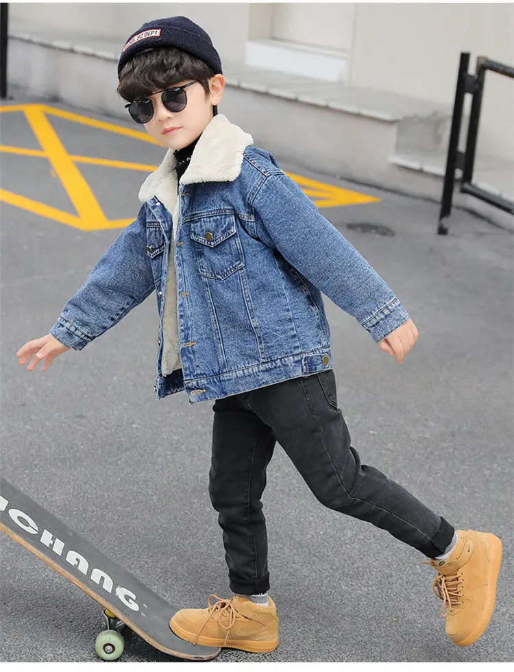 light green jacket Winter Boys Denim Jacket Blue Black Color Retro Plus Thicken Rabbit Fur Warm High Quality Outwear Clothes Kids Windbreaker Coats big puffy jacket