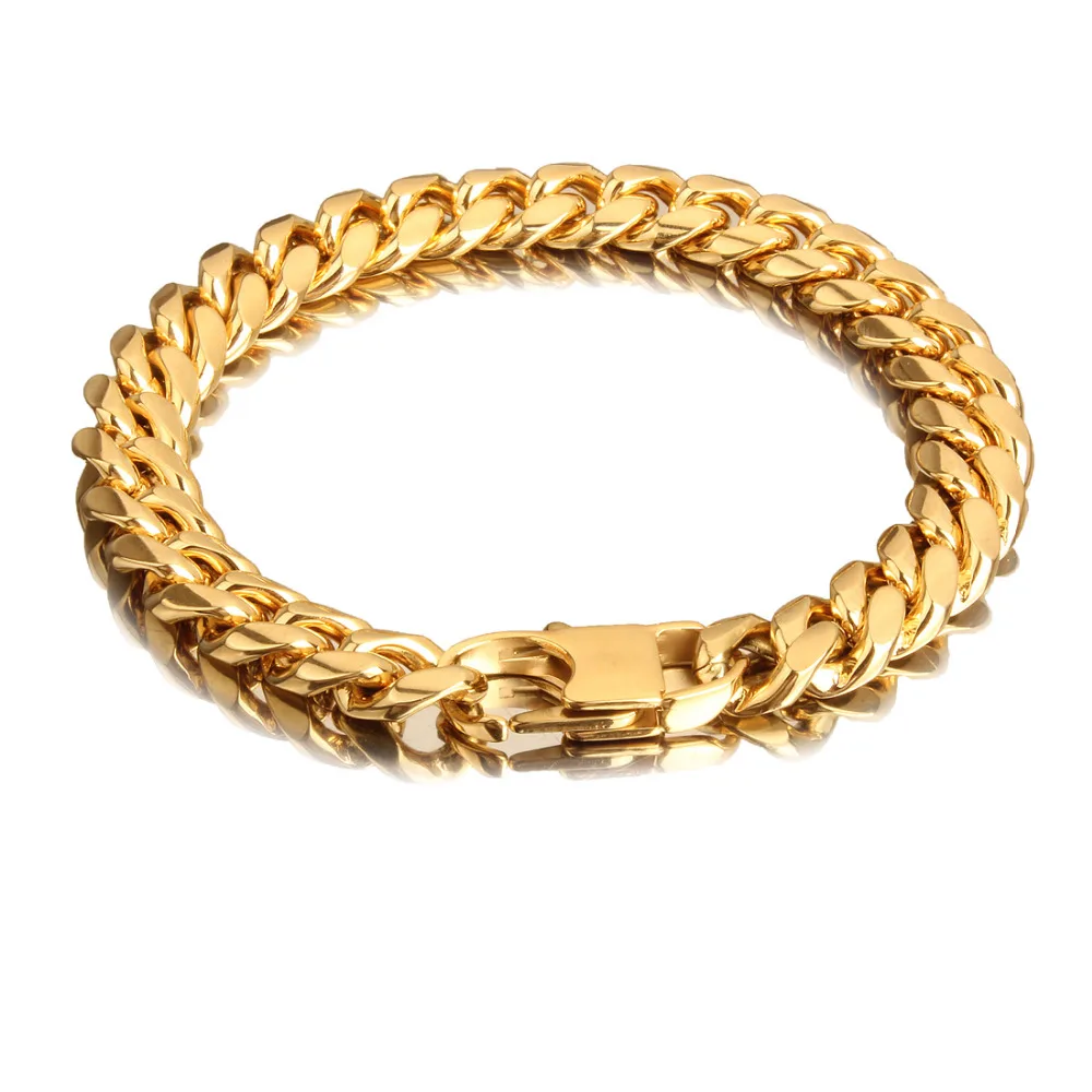 10 мм ширина мужской хип-хоп золотой тон из нержавеющей стали, ожерелье или браслет из нержавеющей стали с цепочкой для бордюра, 7-40 дюймов