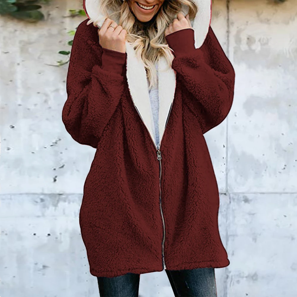 Greatest  Winter Lamb Zipper Hooded Sweatshirts 2019 Women Fashion Loose Warm Plush Coat Female Zipper Fleece