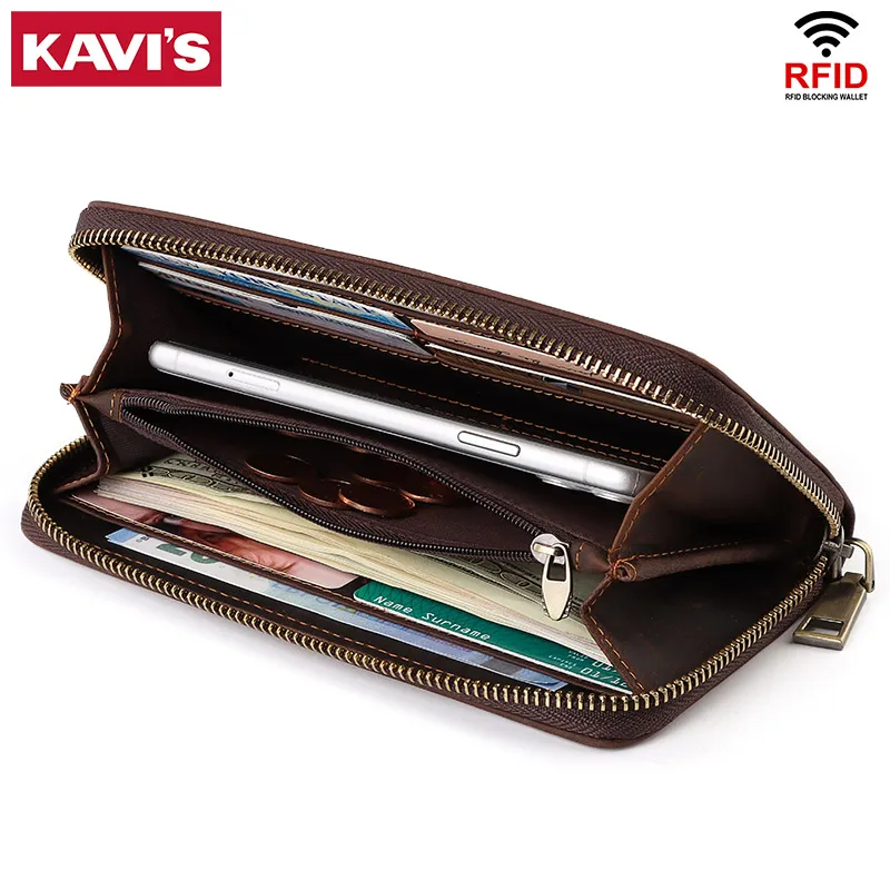 

KAVIS Brand RFID Men Wallets Long Style High Quality Card Holder Male Purse Zipper Large Capacity Cow Leather Wallet For Men