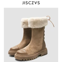 Зимние сапоги; женские зимние высокие теплые сапоги на платформе с мехом и бахромой; сапоги до колена на танкетке; женские кожаные сапоги; Bota; женская обувь