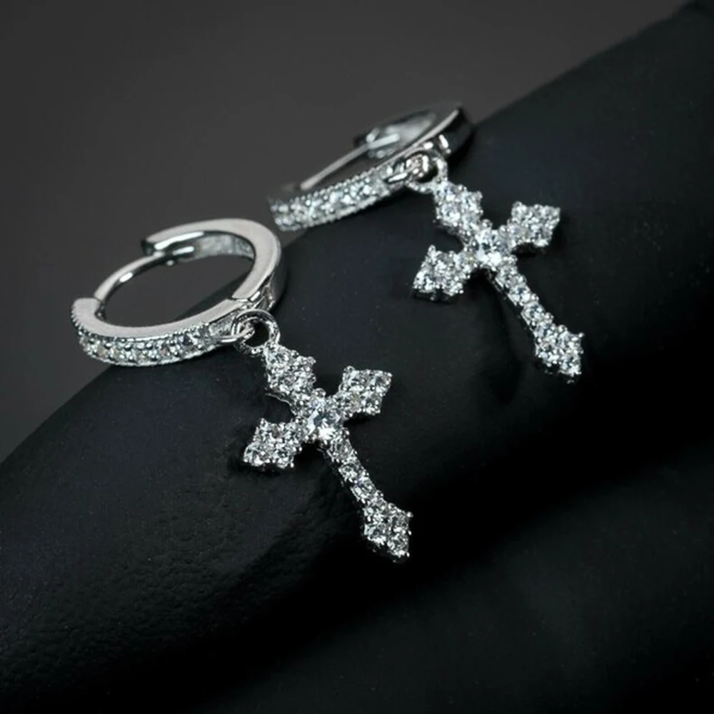 Mens Stainless Steel Hoop Cross Earrings With Cubic Zirconia