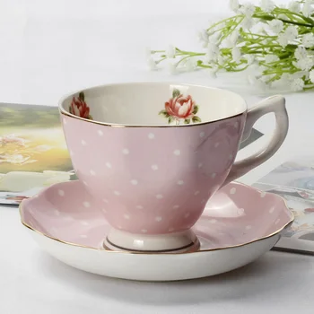 

Pink Bone China Coffee Cup and Saucer Set British Pastoral Style Flower Tea Cup High-end Afternoon Tea Porcelain Coffee Cup J