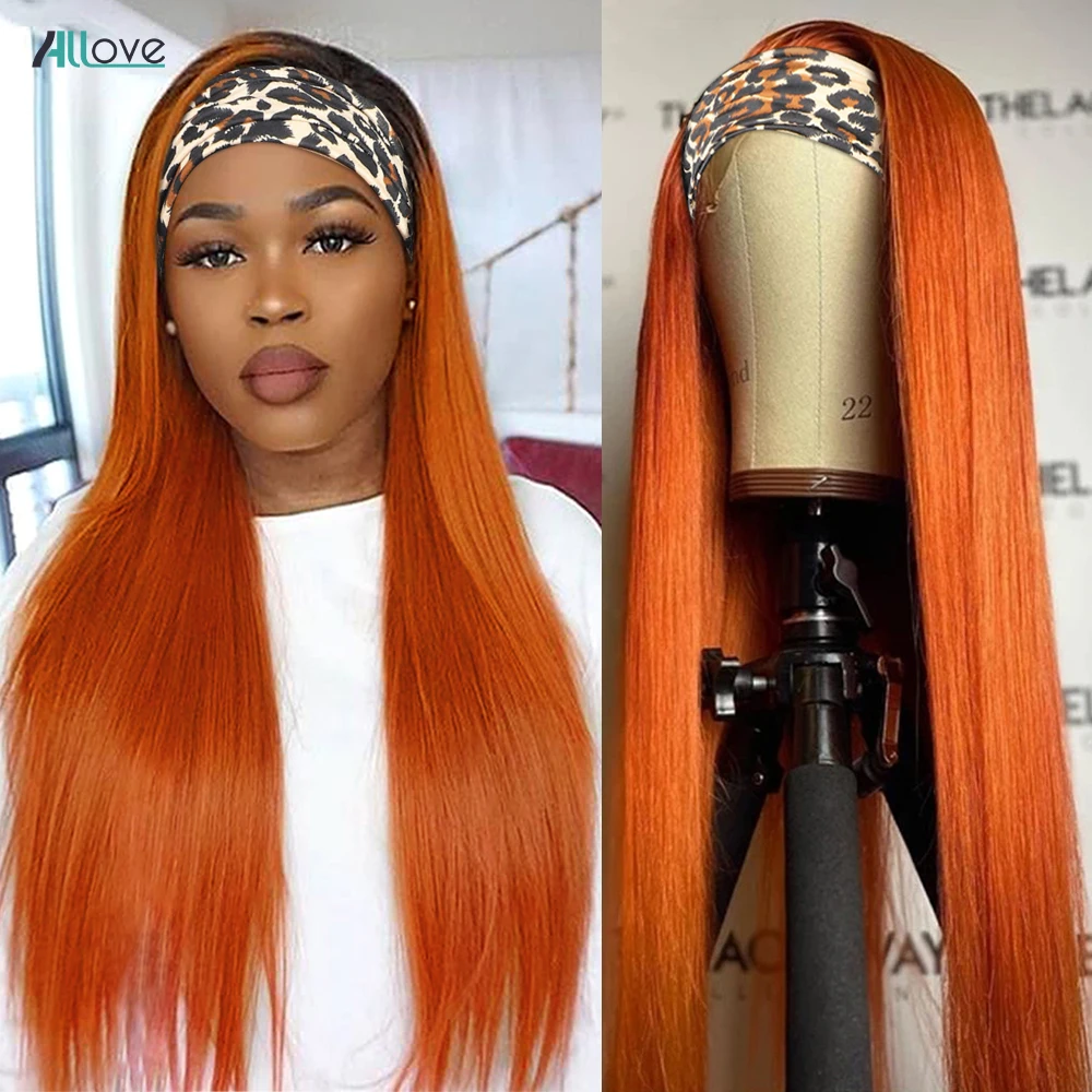 Ginger Orange Headband Wig Straight Human Hair Wig Colored Full Machine
