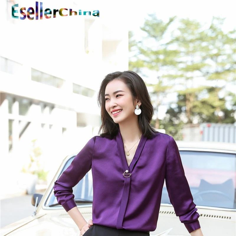 Elegant Purple Long Sleeve Spring Summer Formal OL Styles Blouses Shirts  for Women Business Work Wear Female Blouse Tops V-neck