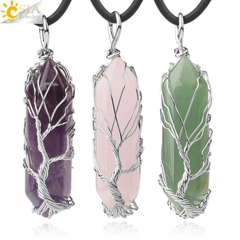 CSJA Natural Crystal Stone Pendant Necklace Point Hexagonal Prism Silver Color Copper Life Tree Wire Wrap Women Men Jewelry G551