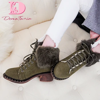 

Doratasia new large sizes 43 Lace Up Keep Warm Plush Add Fur Winter Ankle Boots shoes woman Cow Suede Leather Snow Boots
