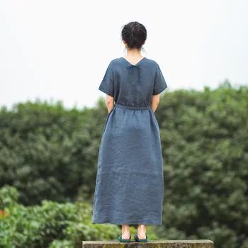 

Summer Short Sleeve Solid 100% Linen Dress ZANZEA Women Vintage Midi Dresses Casual Sundress Robe Femme Work OL Vestido Mujer