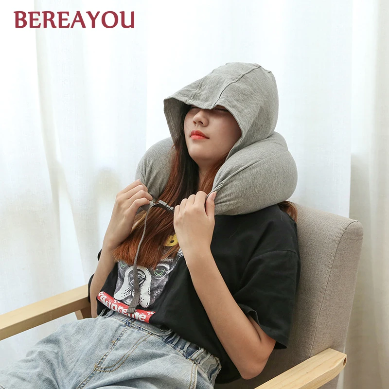 Body Neck Pillow Solid Grey Nap Cotton Particle Soft Hooded U-pillow Textile Home Airplane Car Travel Accessories | Дом и сад