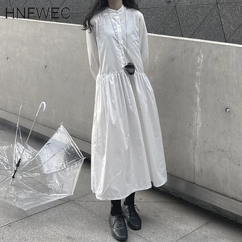 

Women White Solid Color Pleated Dress New Stand Neck Long Sleeve Loose Fit Fashion Tide Spring Autumn 2020 T415