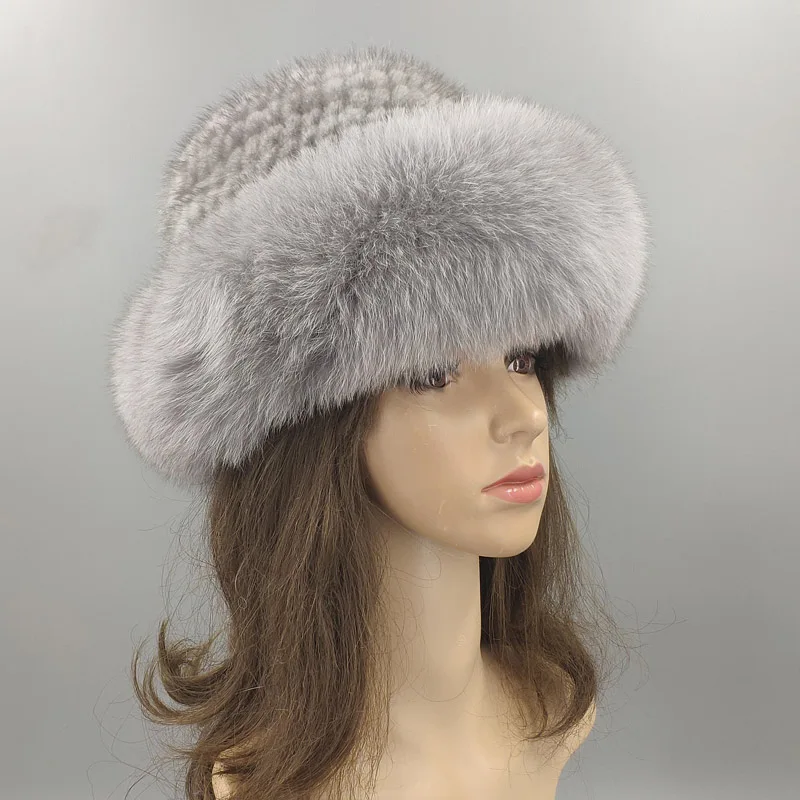 Вязаная шапка s Зимняя с большим краем для женщин и девушек Skullies Beanies шапка плотная Удобная меховая шапка из натуральной норки сохраняющая тепло русская лиса шапки - Цвет: Синий