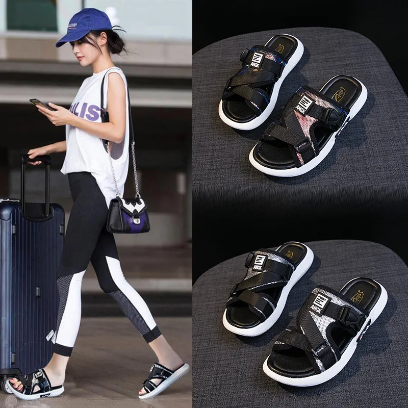 

Slipper Women's 2019 Summer New Style Korean-style Versatile Sequin Flat Slippers Network Infrared Wear Harajuku-Style Slippers