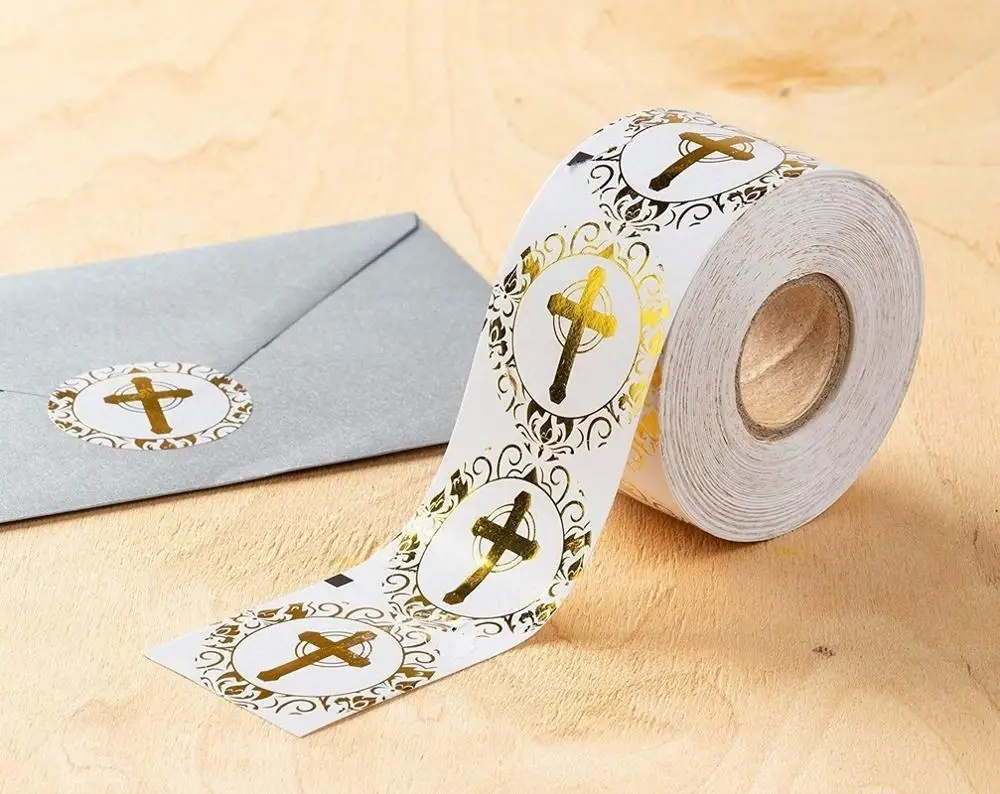 Наклейки на религиозную тему 500-граф круглый шелк и Золотая фольга наклейки в форме Креста крестины вечерние сувениры конверт уплотнения стикер для канцелярских товаров