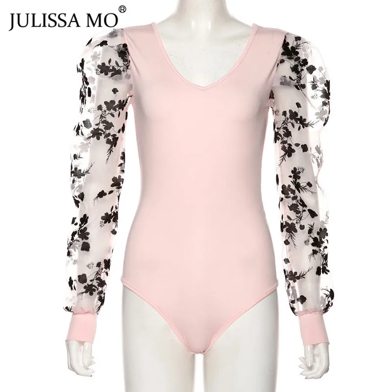 Julissa mo, с принтом, сетчатый, сексуальный, с v-образным вырезом, боди, для женщин, с длинным рукавом, с открытой спиной, боди, топы, зимние, элегантные, женские комбинезоны, комбинезоны - Цвет: Розовый
