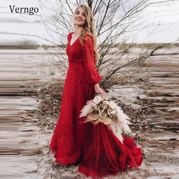 

Verngo 2021 Vintage Red Wedding Dress Long Sleeves Sequin Beads A Line Bridal Gowns Plus Size Formal Celebrity Dresses
