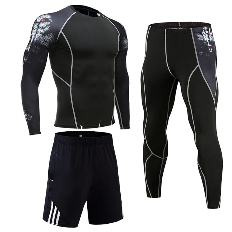 Зимний костюм для бега, мужской спортивный костюм, компрессионное нижнее белье для спортивного костюма, одежда для тренажерного зала, спортивный костюм для велоспорта, новинка, 3D голова волка