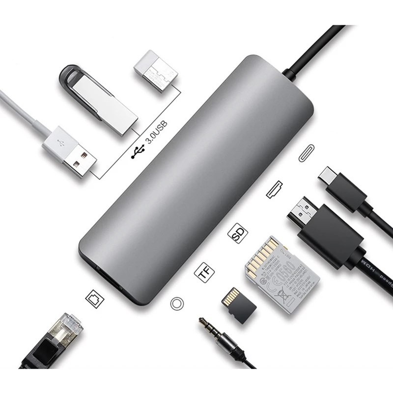 9 в 1 type-C концентратор для Hdmi Usb 3,0 Sd Tf Pd Rj45 Ethernet Lan кардридер адаптер