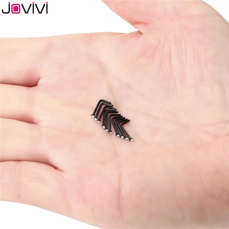 JOVIVI 10 шт. нержавеющая сталь 1,5 мм страз 20 г серьги в нос, гвоздики кость ноздрил Pin L форма Бар пирсинг тела ювелирные изделия 4 цвета