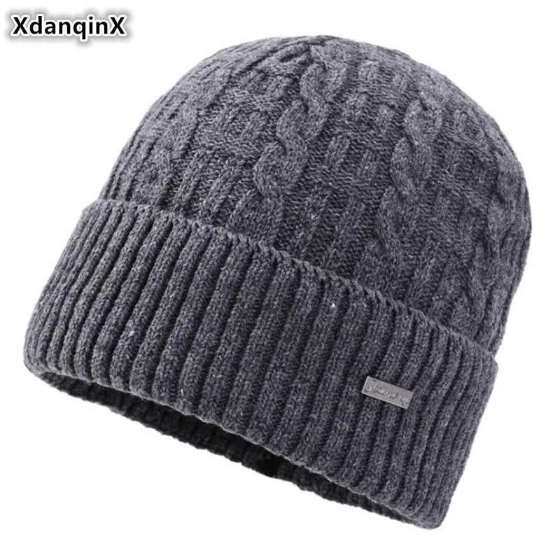 

XdanqinX 2019 Winter New Style Men Warm Knitted Hats Beanie Hat Thick Velvet Earmuffs Caps Men's Wool Beanies Ski Cap Dad's Hat